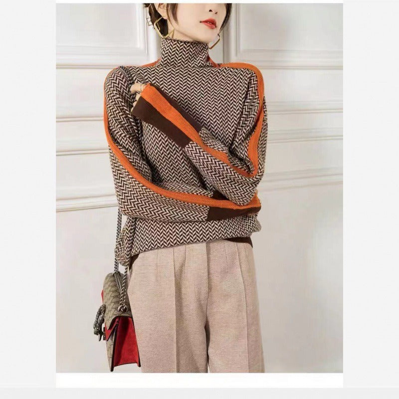 Pull Femme Col Montant – Manches Contrastées Style Rétro