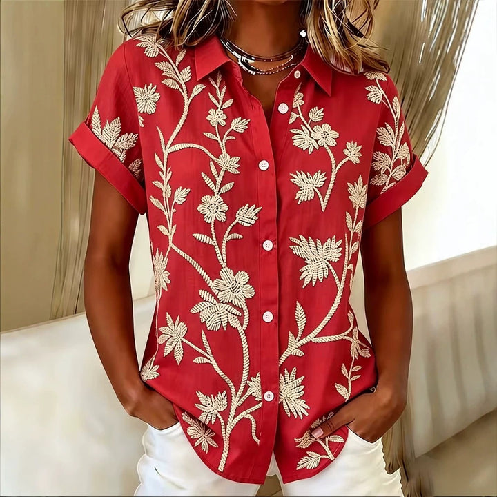 Camicia Donna Tessuto Leggero – Ricamo Floreale Maniche Corte