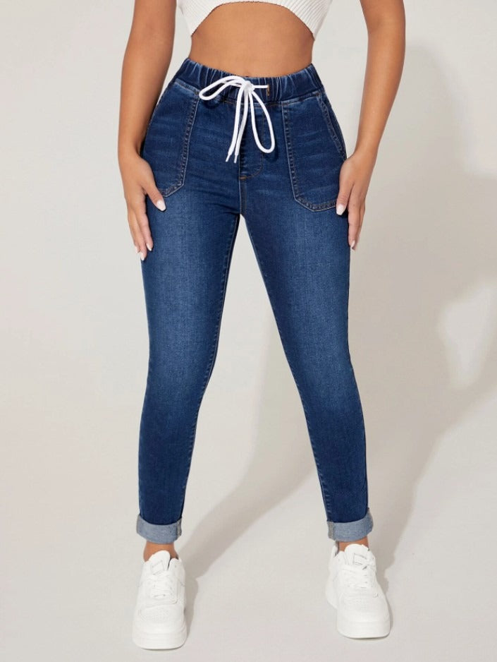 Jean Skinny Femme Taille Haute – Ceinture Élastique Lacée