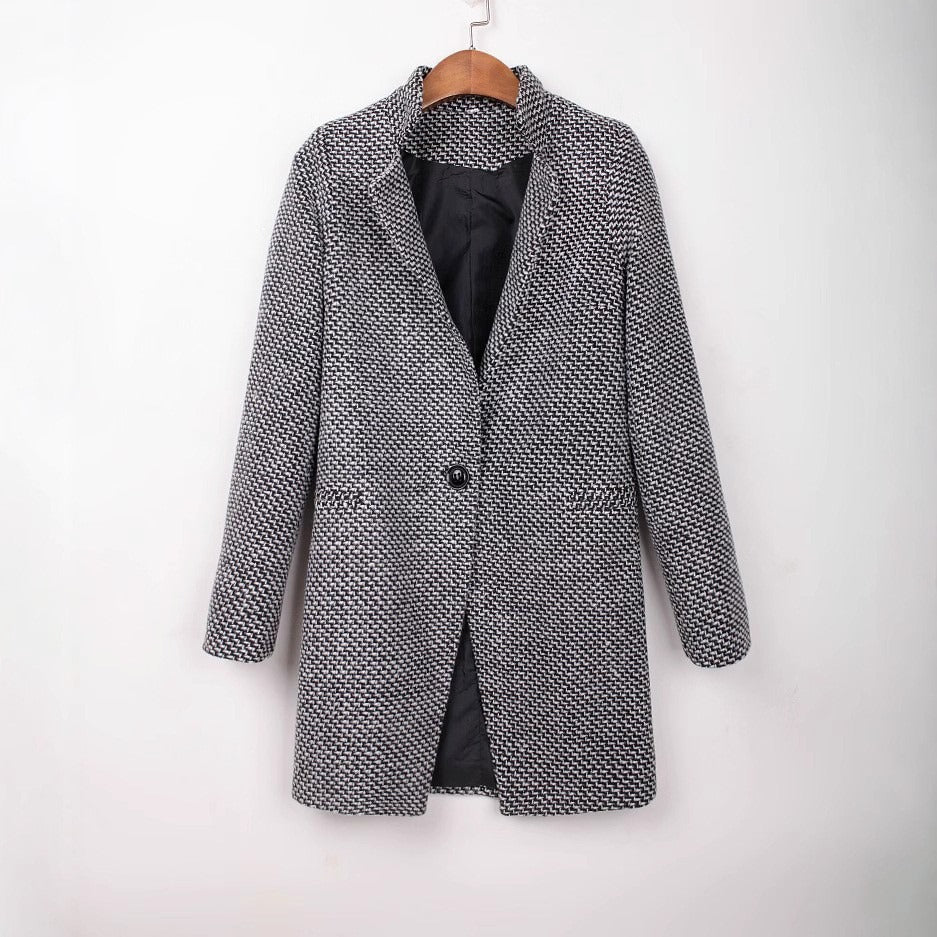 Manteau Femme à Motif Pied-de-Poule – Coupe Mi-Longue Structurée
