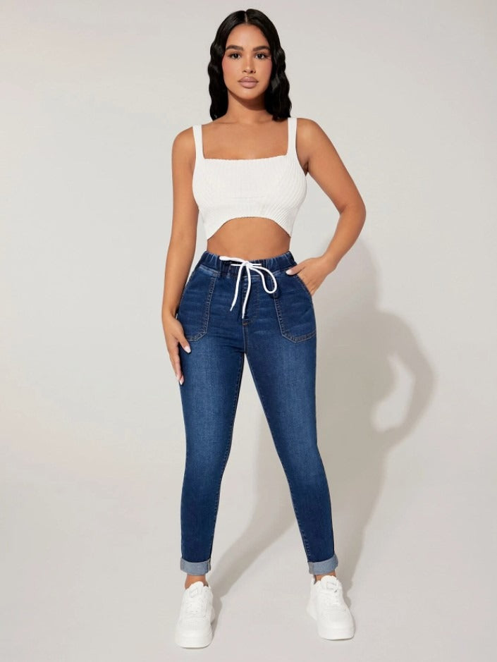Jean Skinny Femme Taille Haute – Ceinture Élastique Lacée