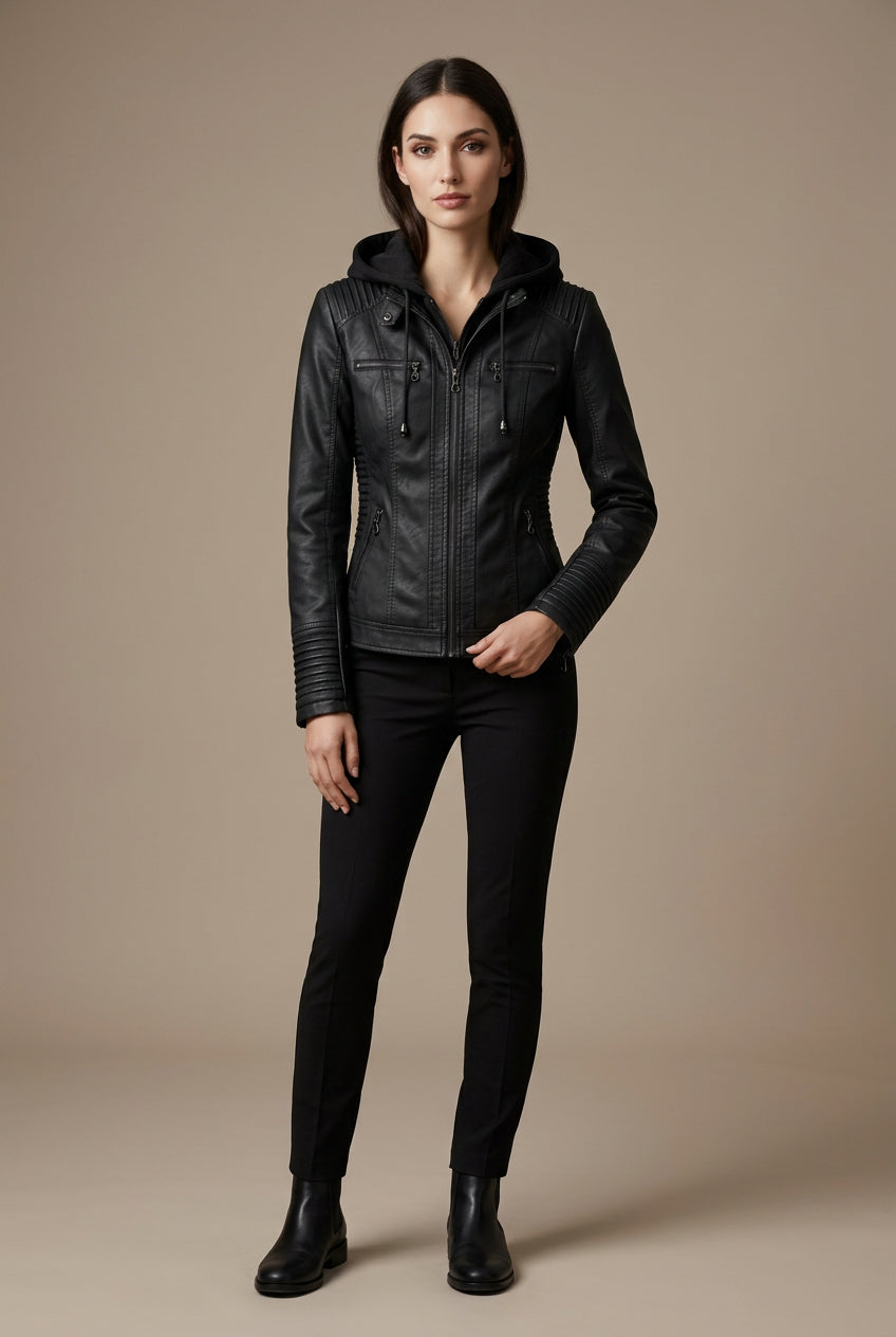 Veste Femme à Capuche – Coupe Motard Moderne Capuche Amovible