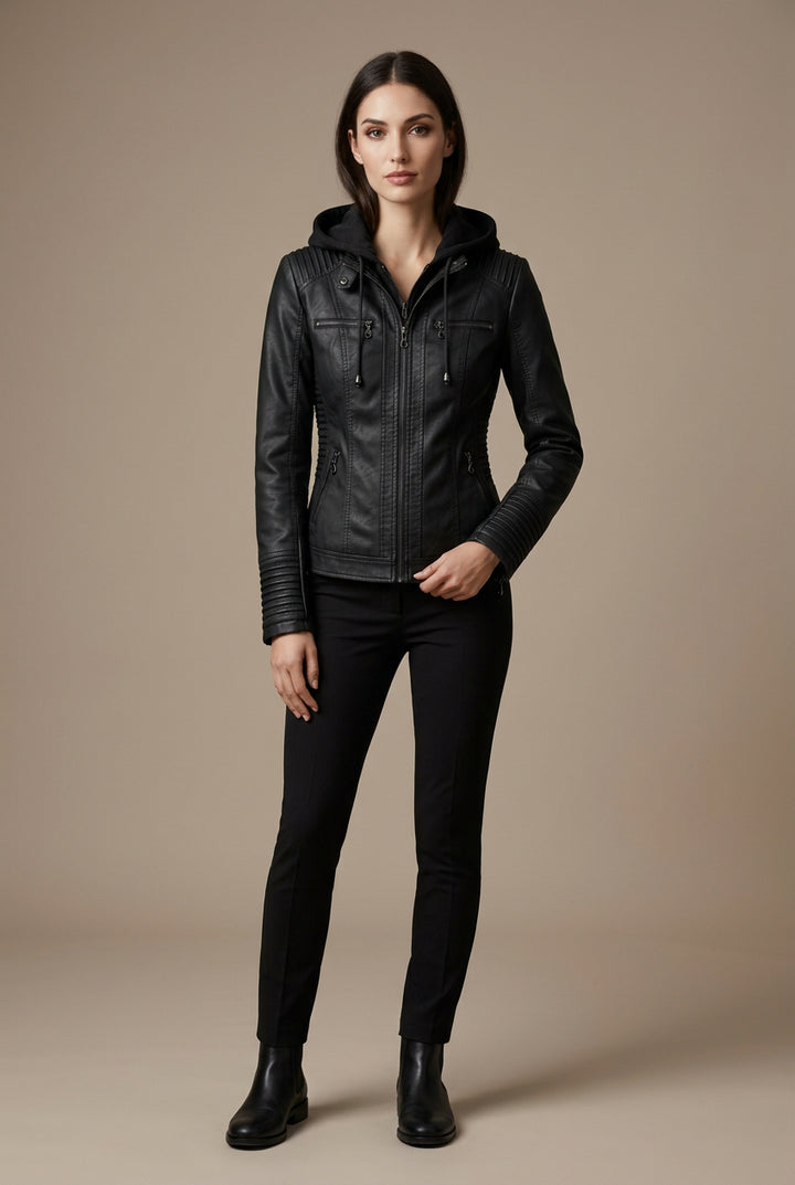 Veste Femme à Capuche – Coupe Motard Moderne Capuche Amovible
