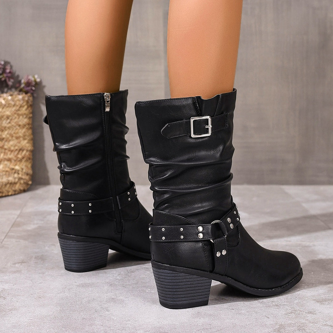 Botte Femme Plissée Mi-Mollet – Boucle et Rivets