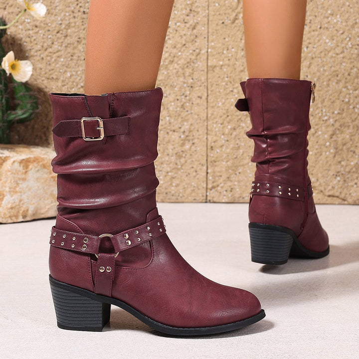 Botte Femme Plissée Mi-Mollet – Boucle et Rivets