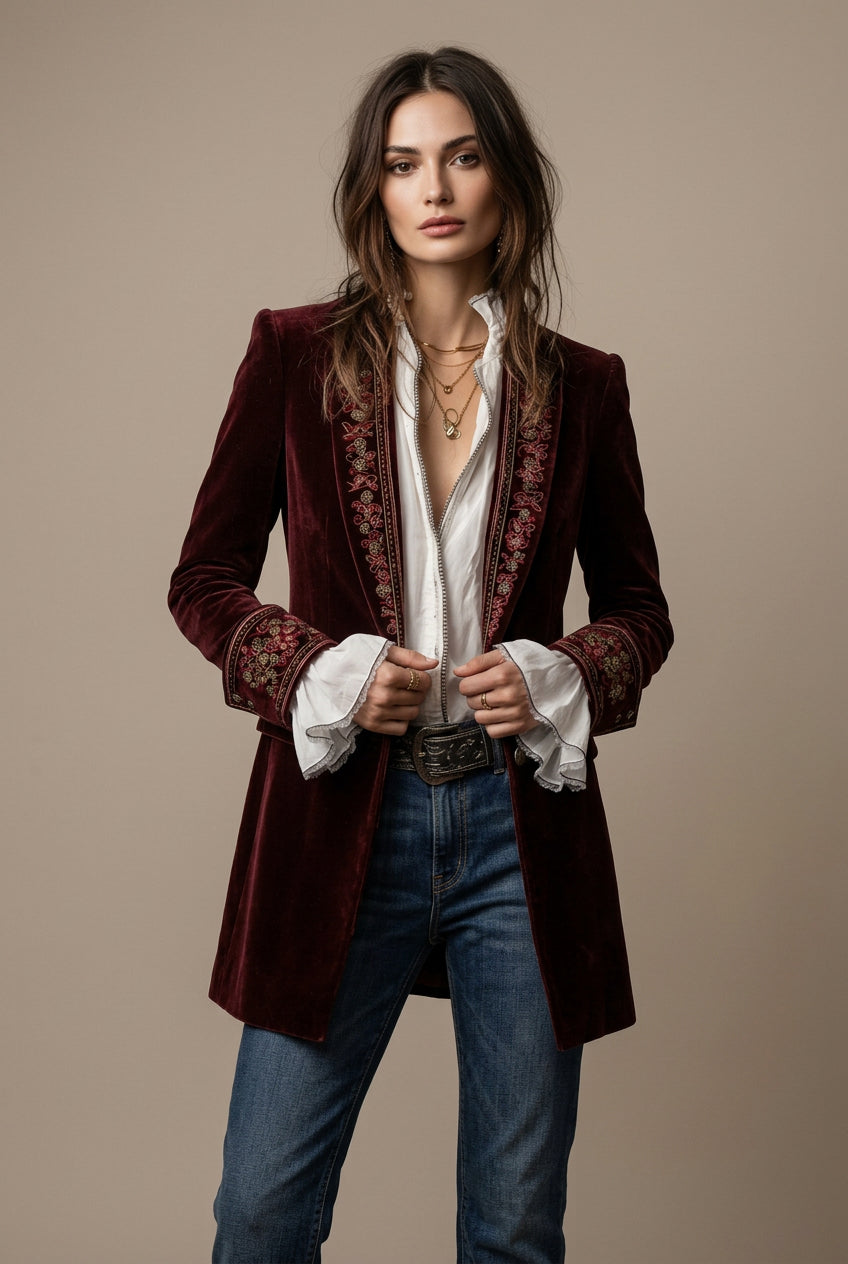 Frakke lang Dame med fløjlslook – elegant blondedetalje