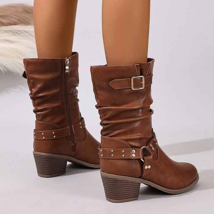 Botte Femme Plissée Mi-Mollet – Boucle et Rivets
