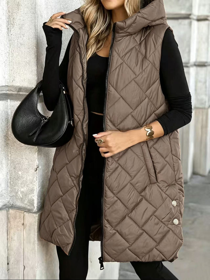 Gilet Femme Sans Manches à Capuche – Coupe Longue Zippée