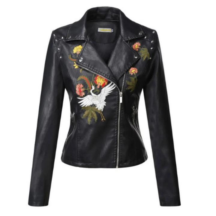 Veste Moto Femme en Similicuir – Manches Contrastées, Coupe Cintrée