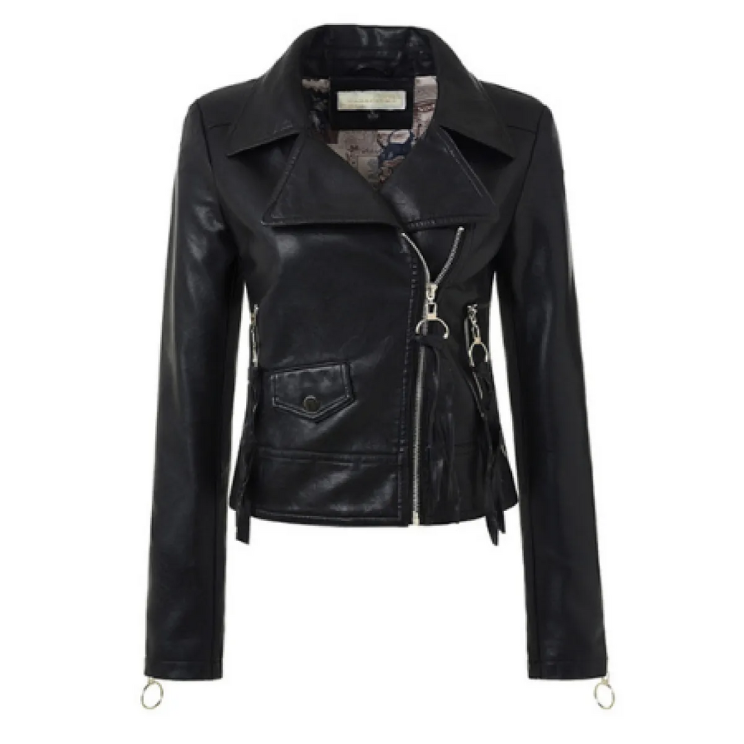 Veste Moto Femme en Similicuir – Manches Contrastées, Coupe Cintrée