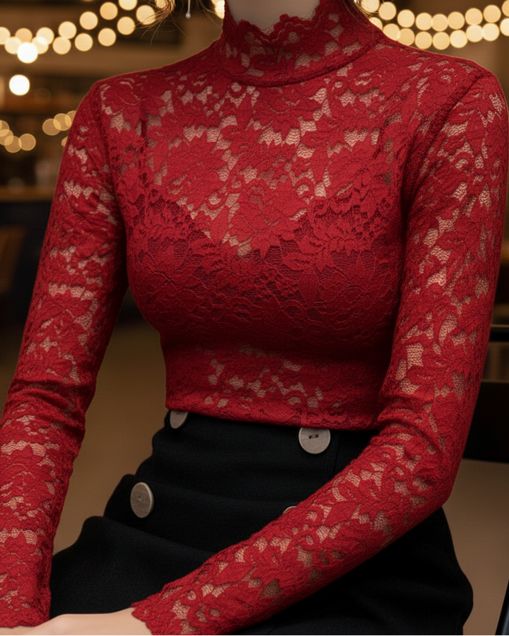 Blusa donna in pizzo con collo alto – Eleganza aderente a maniche lunghe