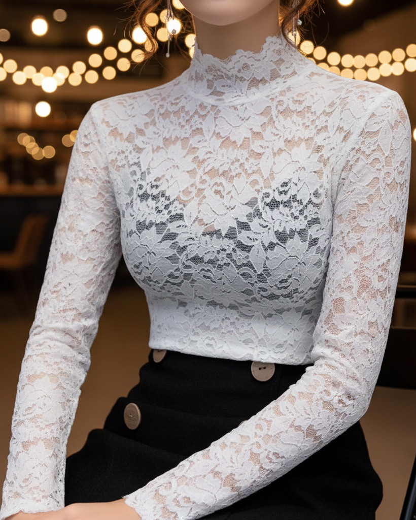 Blusa donna in pizzo con collo alto – Eleganza aderente a maniche lunghe