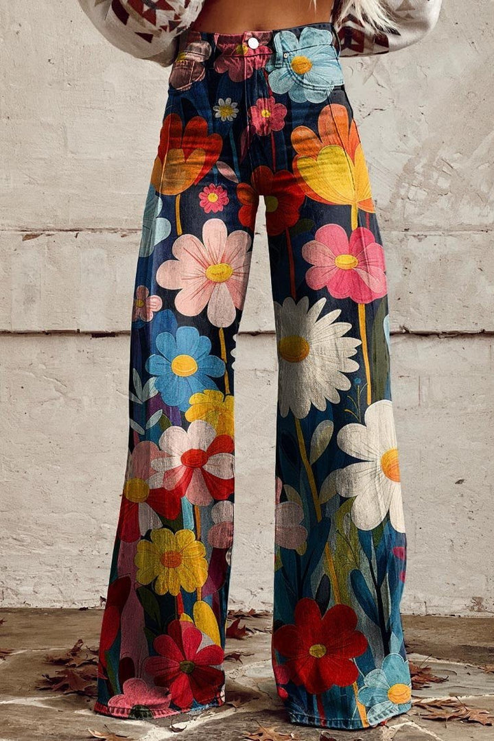 Weite Damenhose mit Blumenmuster – niedrige Taille, weiter Schnitt