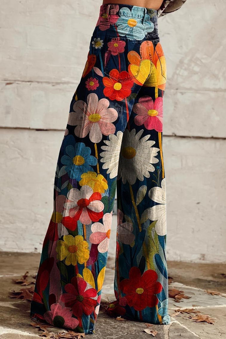 Weite Damenhose mit Blumenmuster – niedrige Taille, weiter Schnitt