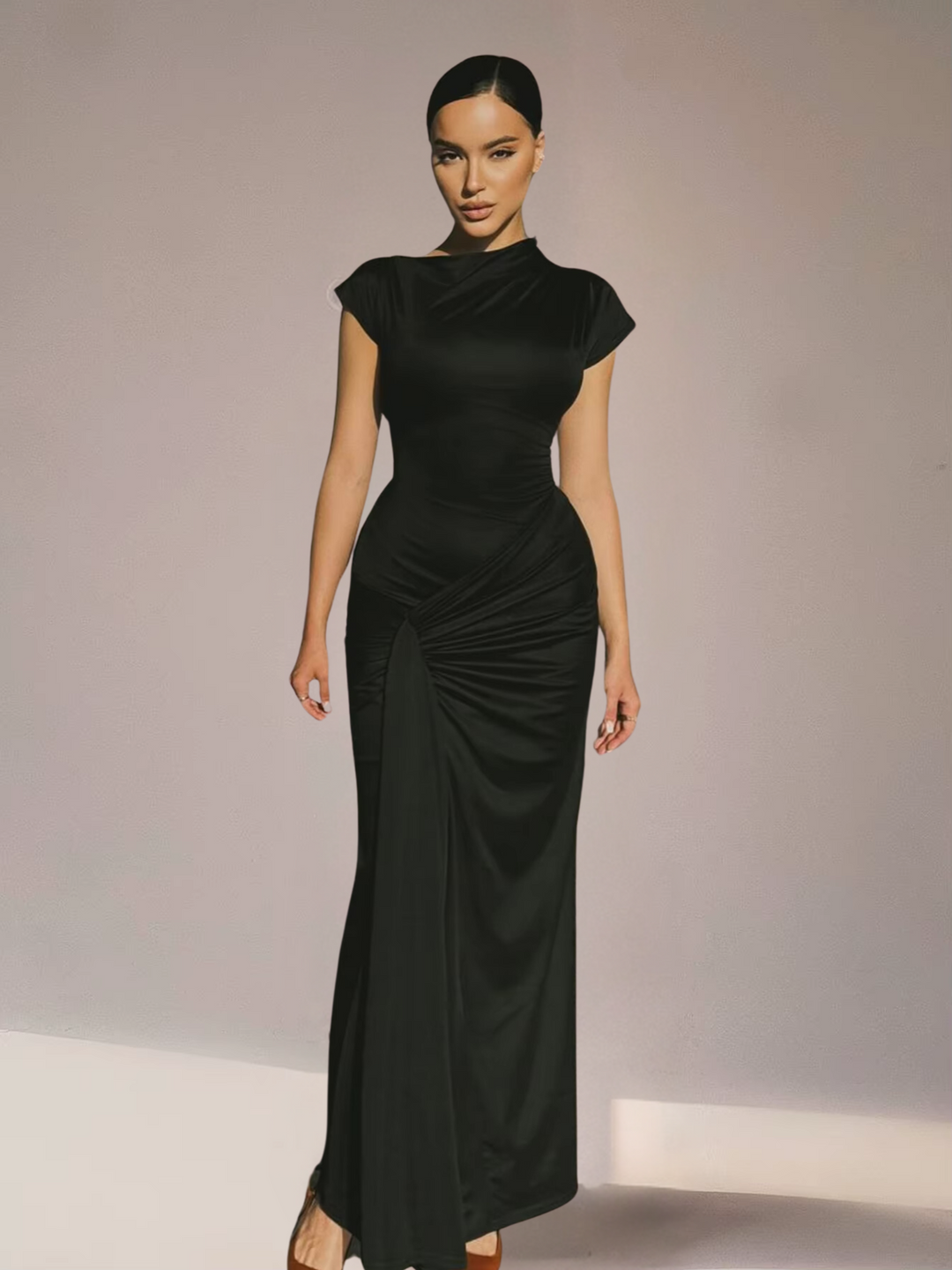 Women's Maxi Dress with Asymmetric Neckline – Lace-Up Back Slim Fit