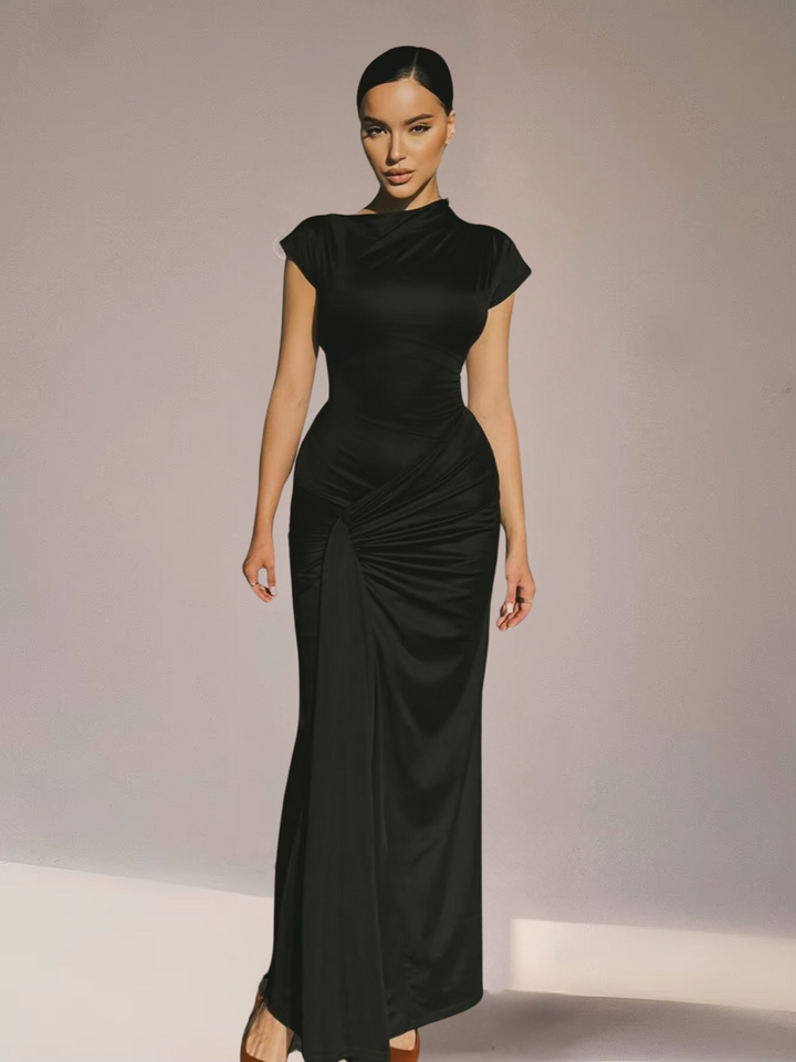 Women's Maxi Dress with Asymmetric Neckline – Lace-Up Back Slim Fit