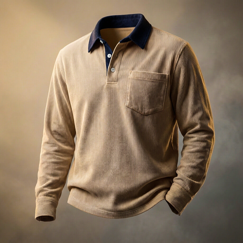 Herren-Poloshirt aus geripptem Samt mit langen Ärmeln – Smart-Casual Lässiger Schnitt