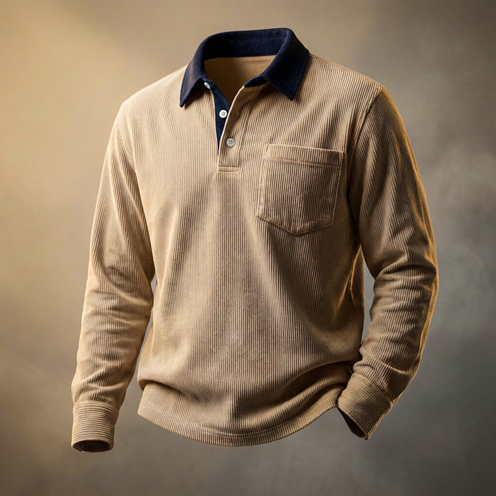 Herren-Poloshirt aus geripptem Samt mit langen Ärmeln – Smart-Casual Lässiger Schnitt