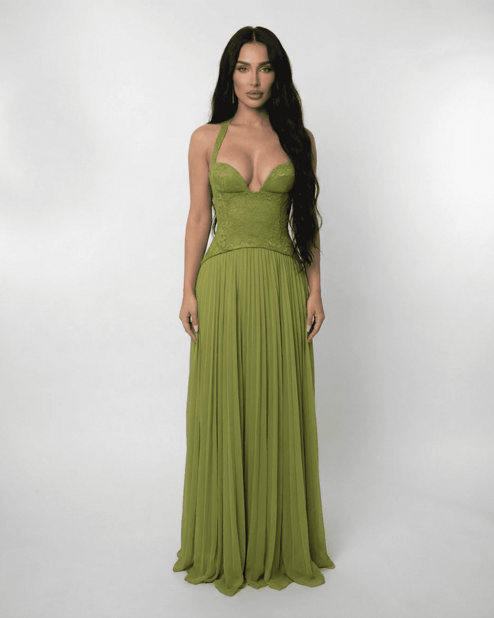 Abito lungo donna con collo a halter – schiena con corsetto allacciato e gonna plissettata