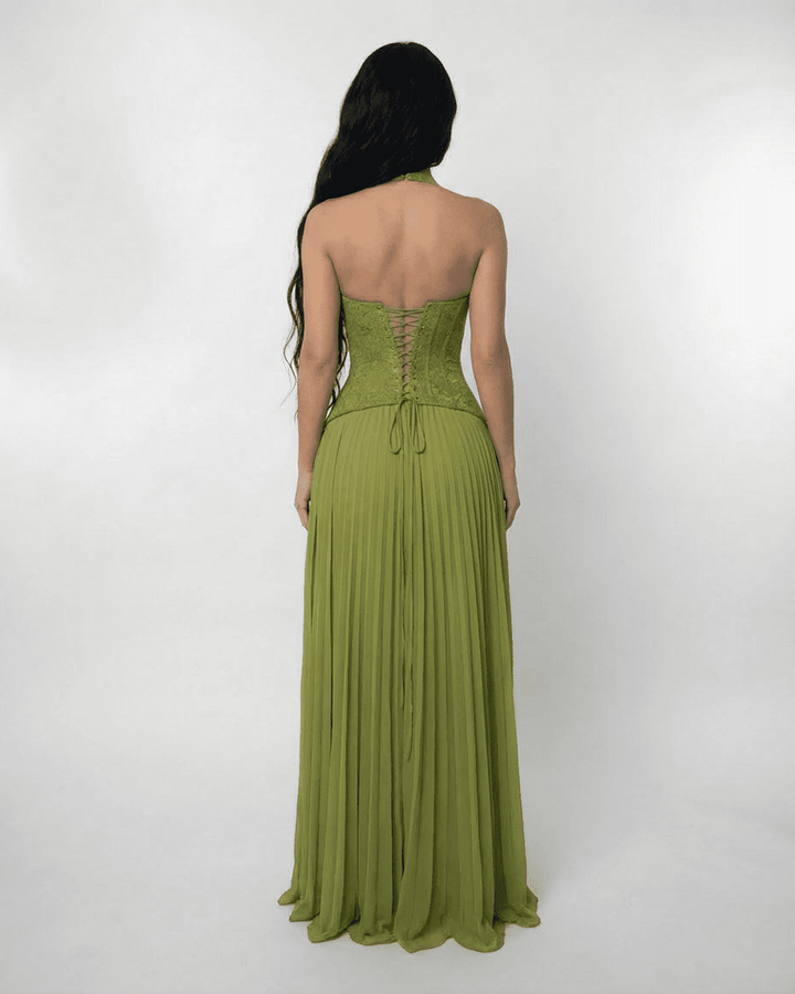 Abito lungo donna con collo a halter – schiena con corsetto allacciato e gonna plissettata