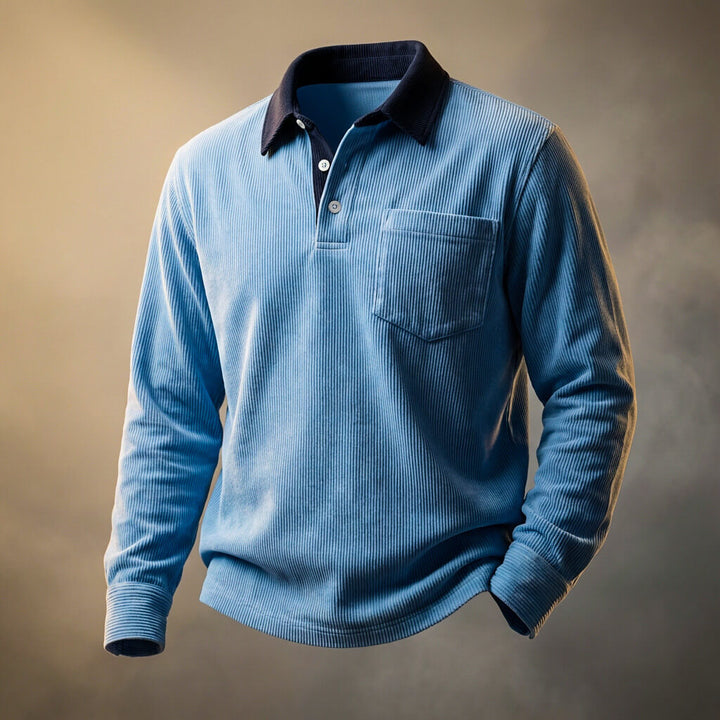 Herren-Poloshirt aus geripptem Samt mit langen Ärmeln – Smart-Casual Lässiger Schnitt