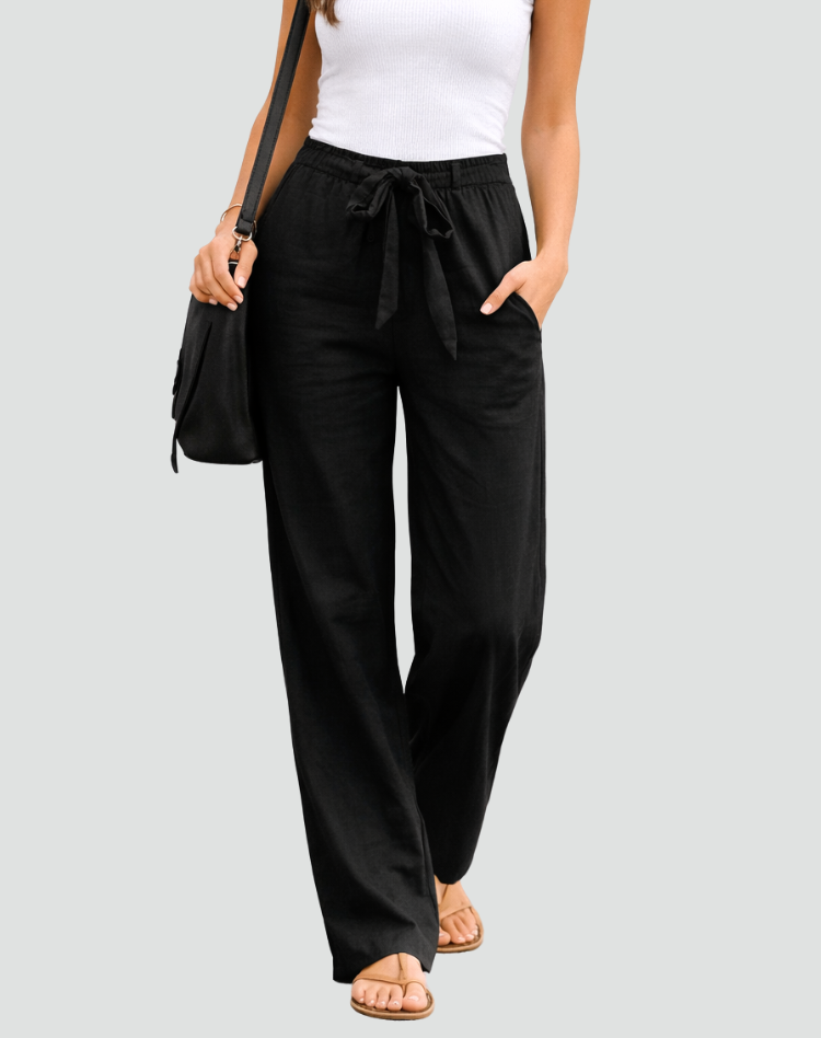 Pantalon Femme Jambe Large – Taille Élastique à Cordon Coupe Décontractée