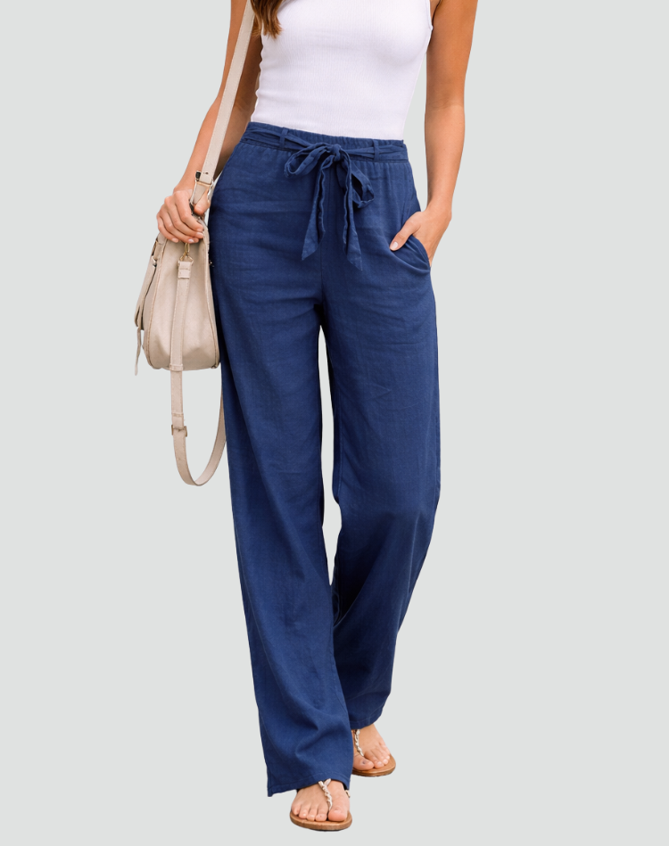 Pantalon Femme Jambe Large – Taille Élastique à Cordon Coupe Décontractée
