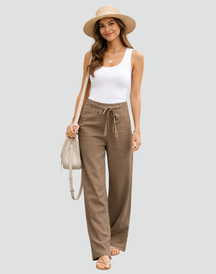 Pantalon Femme Jambe Large – Taille Élastique à Cordon Coupe Décontractée