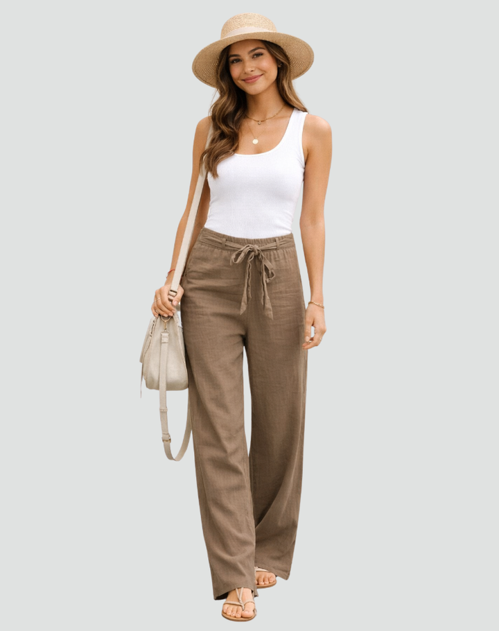 Pantalon Femme Jambe Large – Taille Élastique à Cordon Coupe Décontractée