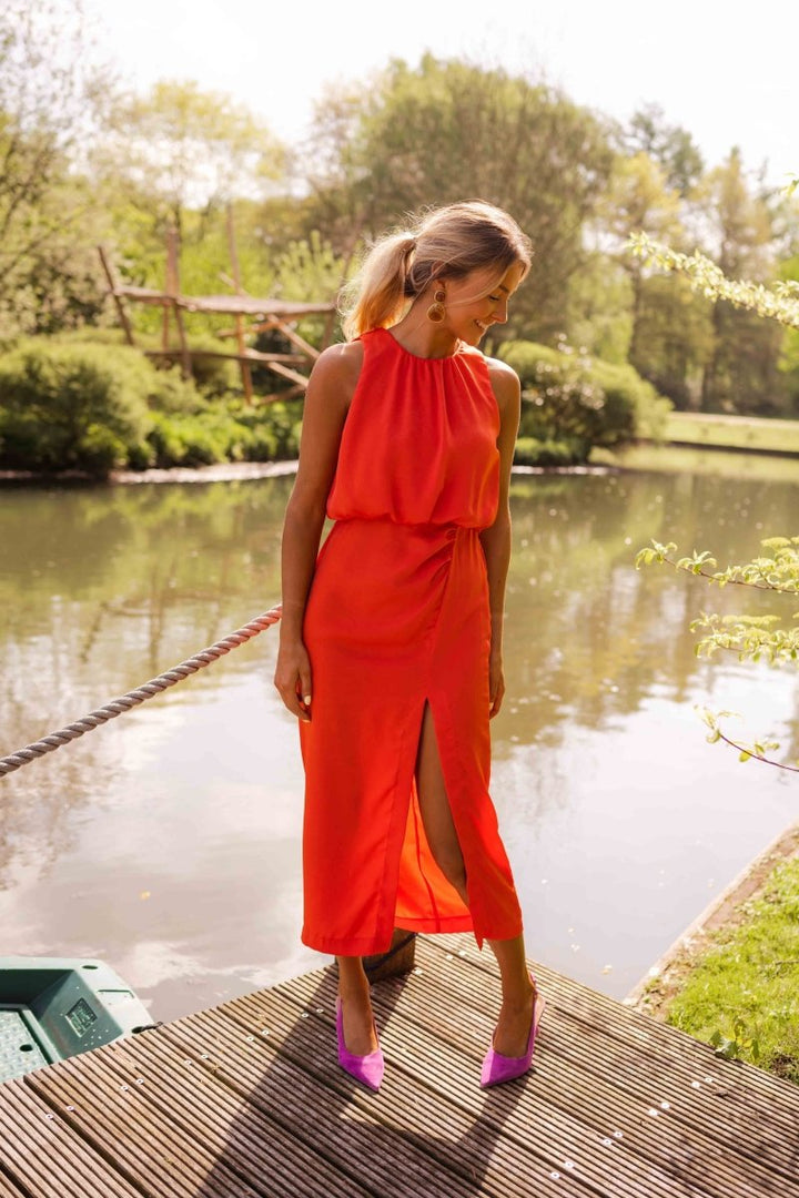 Vestito midi donna collo alto – Spacco laterale elegante