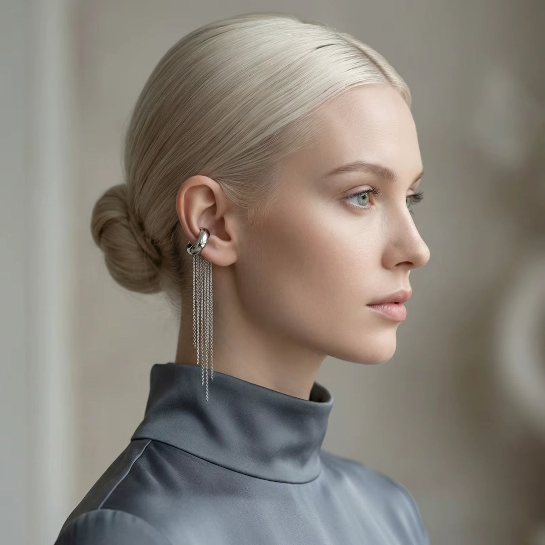 Ear cuff donna in acciaio inox con pendenti – Caduta lunga statement