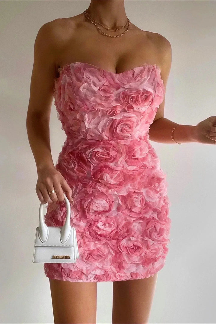 Mini-Blumenkleid für Damen mit Bustier – Applizierte Textur, Bodycon-Schnitt