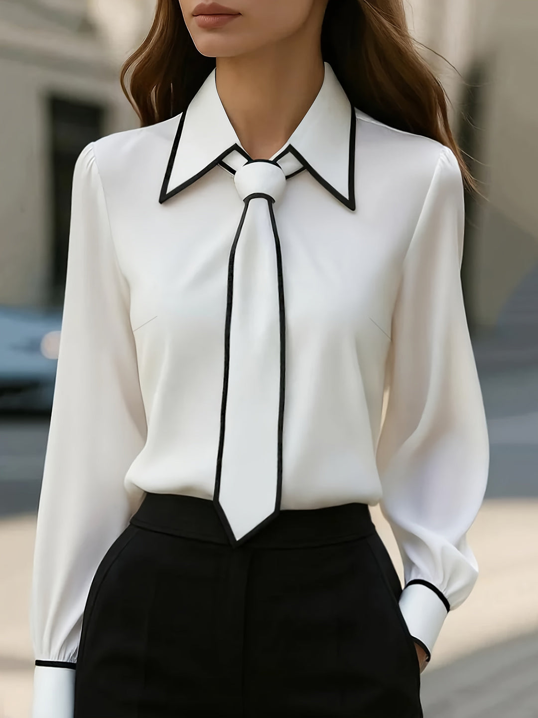 Women's Blouse with Tied Collar – Contrasting Edges Long Sleeves