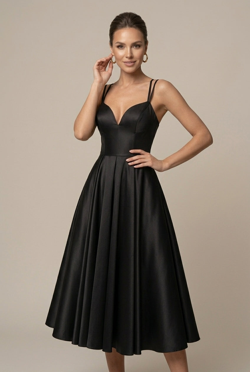 Midikleid für Damen A-Linie – V-Ausschnitt mit doppelten Trägern, ausgestellter Rock