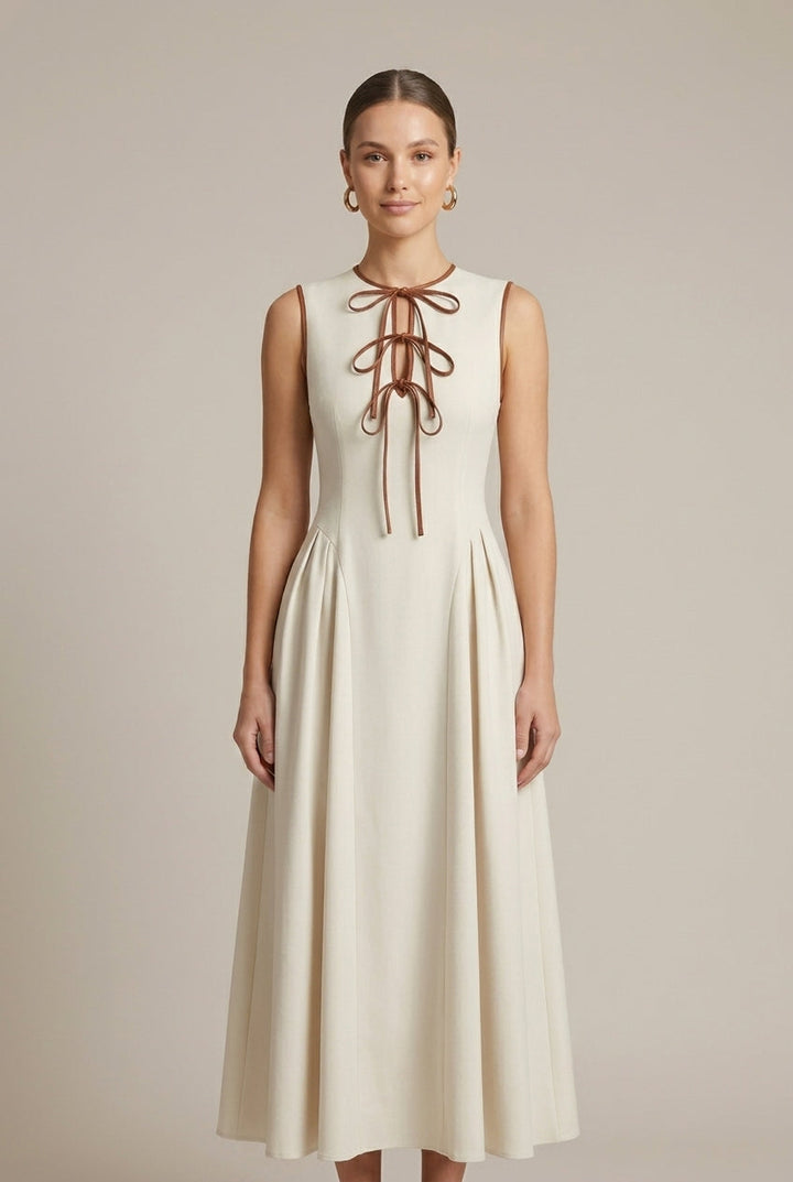 Women’s Structured Maxi Dress – Flared Cut, Bow Neck, Bow Details