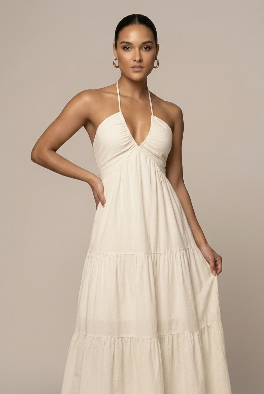 Abito maxi da donna con collo halter – Volant a strati schiena aperta