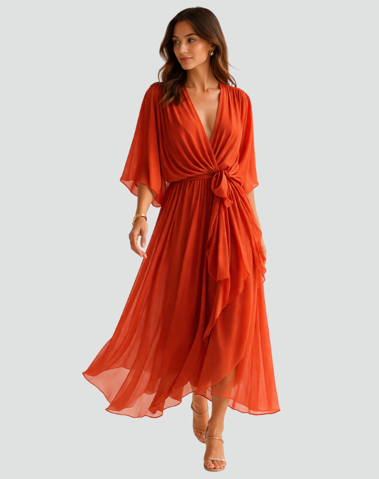 Robe Midi Femme Cache-Cœur – Silhouette Fluide pour Occasions