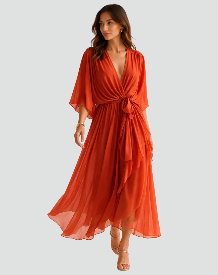 Robe Midi Femme Cache-Cœur – Silhouette Fluide pour Occasions
