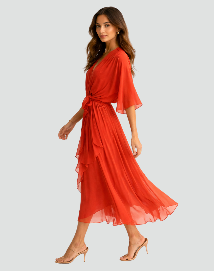 Robe Midi Femme Cache-Cœur – Silhouette Fluide pour Occasions