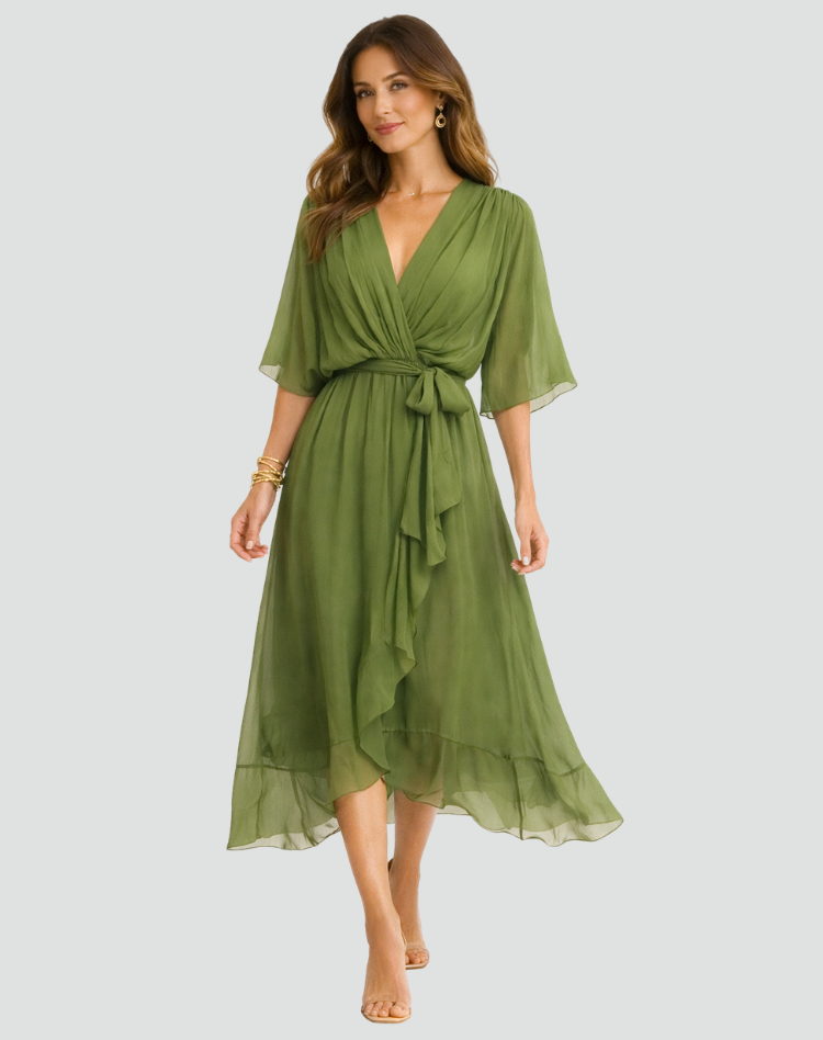 Robe Midi Femme Cache-Cœur – Silhouette Fluide pour Occasions