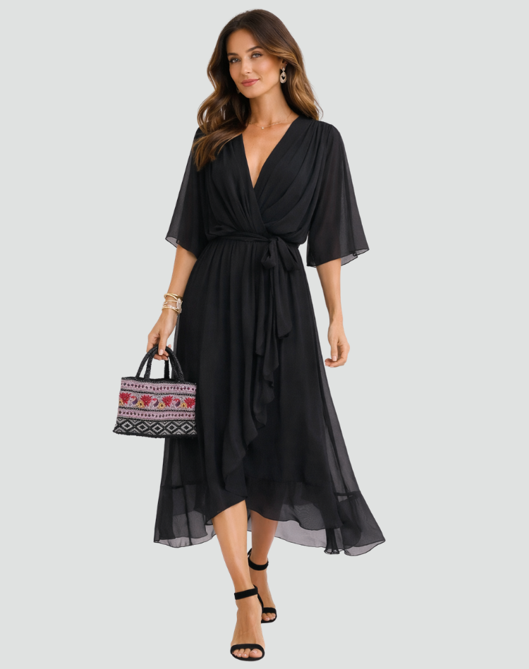 Robe Midi Femme Cache-Cœur – Silhouette Fluide pour Occasions