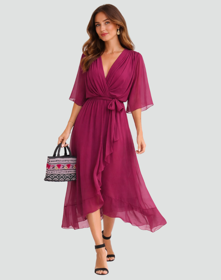Robe Midi Femme Cache-Cœur – Silhouette Fluide pour Occasions