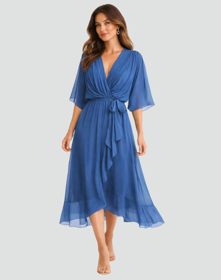 Robe Midi Femme Cache-Cœur – Silhouette Fluide pour Occasions