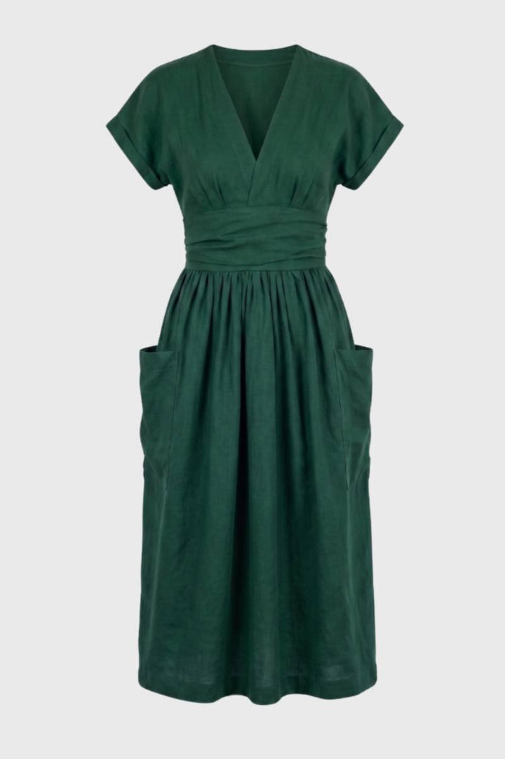 Robe Midi Femme Col V – Taille Plissée Coupe Décontractée