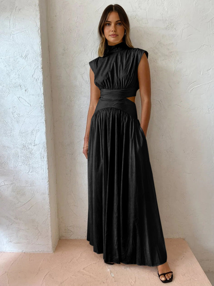 Women's Long Cotton Dress – High Neck Sleeveless with Cutouts