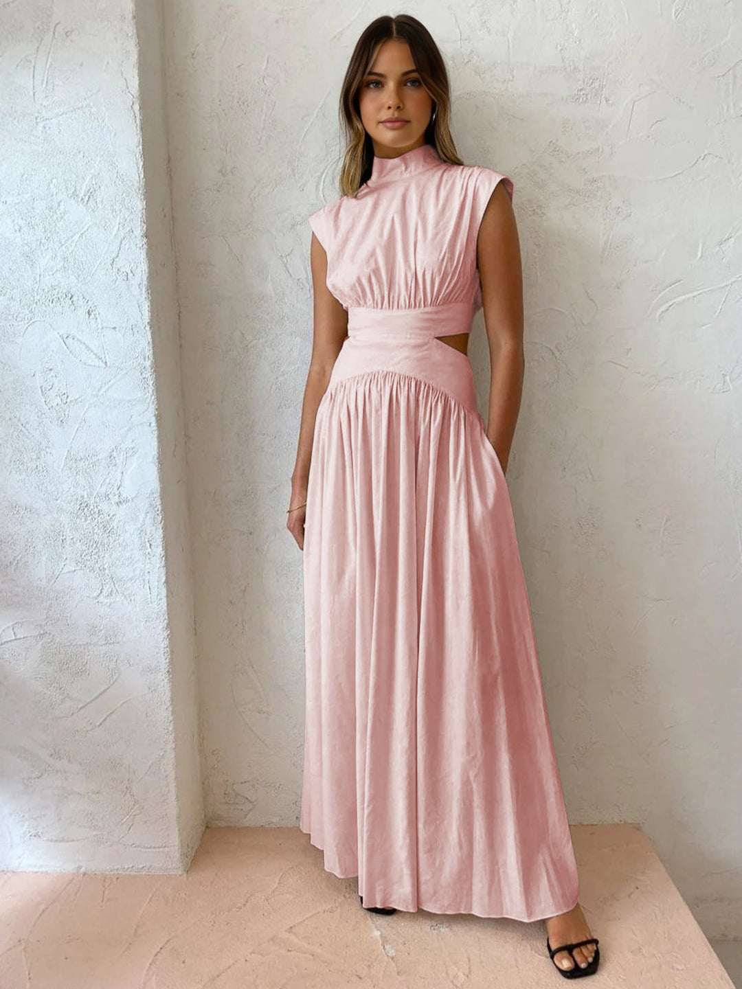Women's Long Cotton Dress – High Neck Sleeveless with Cutouts