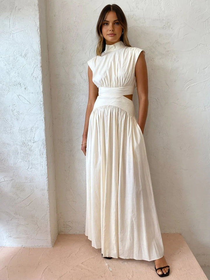 Women's Long Cotton Dress – High Neck Sleeveless with Cutouts