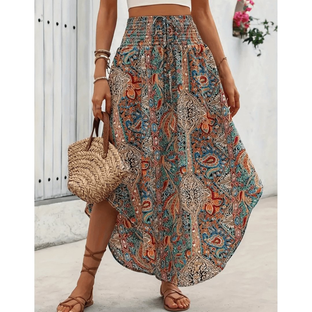Langer Damenrock im Boho-Stil mit Print – Hohe Taille, fließend
