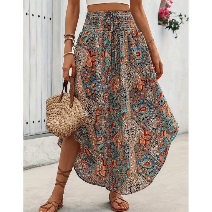 Langer Damenrock im Boho-Stil mit Print – Hohe Taille, fließend