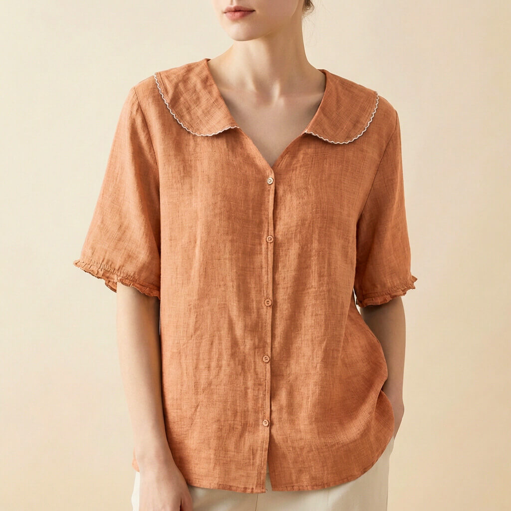 Leinen-Bluse mit Knöpfen für Damen – Peter-Pan-Kragen lockerer Schnitt